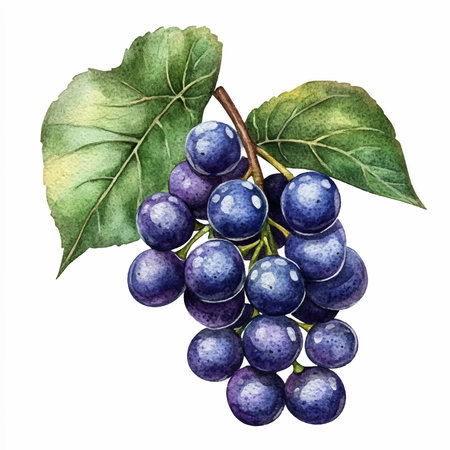 Bunch of blue grapes. Hand drawn watercolor illustration isolated on white backgroundのイラスト素材