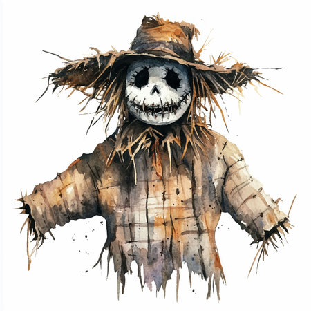 Watercolor illustration of a skull in a straw hat. Halloween.のイラスト素材