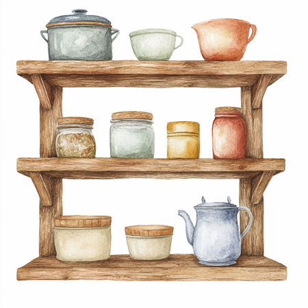 Kitchen shelves with watercolor utensils, hand drawn illustrationのイラスト素材