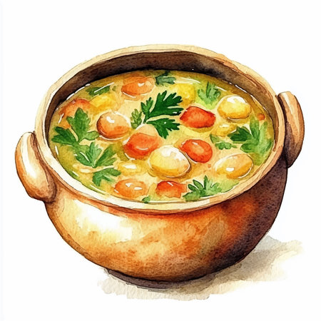 Bowl of soup. Watercolor hand drawn illustration isolated on white backgroundのイラスト素材