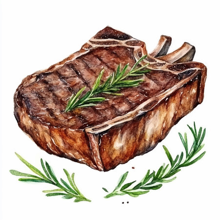 Grilled beef steak with rosemary. Hand drawn watercolor illustrationのイラスト素材