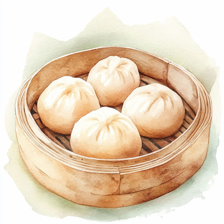 Chinese steamed buns in bamboo steamer, watercolor illustrationのイラスト素材