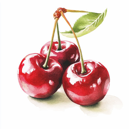 Cherries with leaves. Watercolor illustration on white background.のイラスト素材
