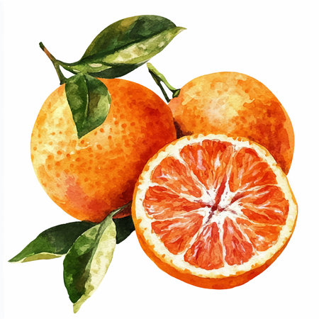 Watercolor illustration of ripe tangerines with leaves on a white backgroundのイラスト素材
