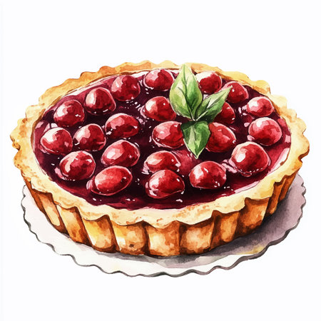 Hand drawn watercolor illustration of cherry pie, isolated on white backgroundのイラスト素材