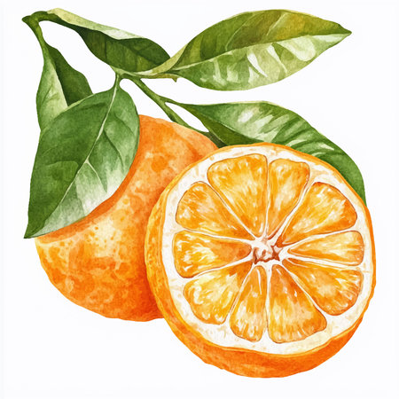 Watercolor illustration of a tangerine with leaves on a white backgroundのイラスト素材