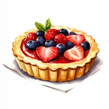 Tart with berries. Hand drawn watercolor illustration on white backgroundのイラスト素材