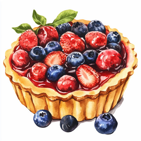 Tart with berries. Watercolor hand drawn illustration isolated on white backgroundのイラスト素材