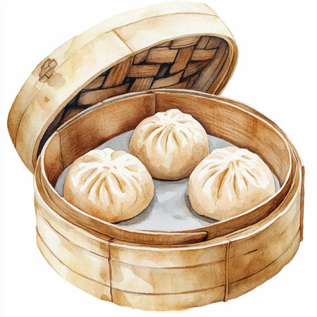Boiled dumplings in a wooden basket. Watercolor illustrationのイラスト素材