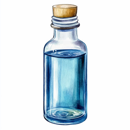 Hand drawn watercolor illustration of a glass bottle with blue liquid.のイラスト素材