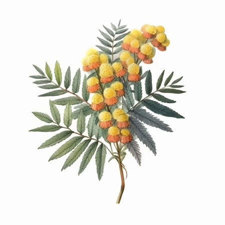 Watercolor rowan branch with flowers and leaves isolated on white backgroundのイラスト素材