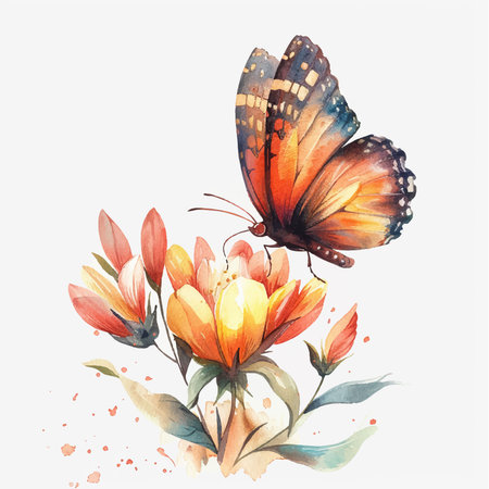 Watercolor flowers and butterfly, isolated on white background. Vector illustration.のイラスト素材
