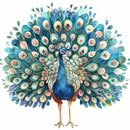 Peacock. Hand drawn watercolor illustration isolated on white backgroundのイラスト素材