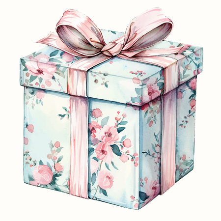 Gift box with pink bow. Watercolor illustration isolated on white backgroundのイラスト素材