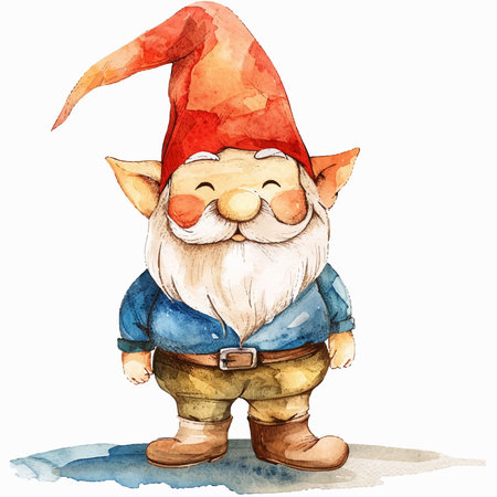 Watercolor illustration of a gnome in a red cap on a white backgroundのイラスト素材