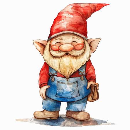 Watercolor gnome in a red cap and blue overalls.のイラスト素材