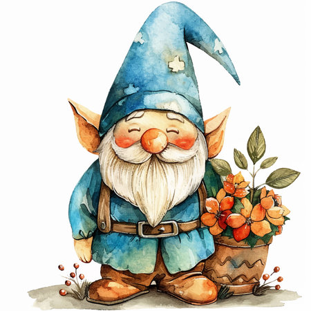 Watercolor illustration of a gnome with a basket of berries.のイラスト素材