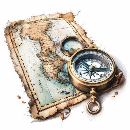 Vintage compass and old map isolated on white background, travel conceptのイラスト素材