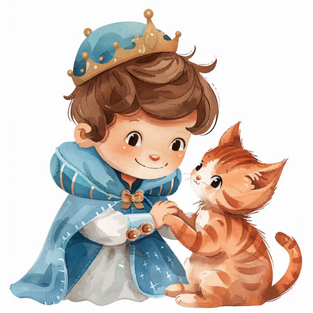 Illustration of a Little Prince and a cat on a white backgroundのイラスト素材