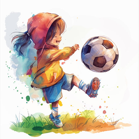 Illustration of a cute little girl playing with a soccer ball.のイラスト素材