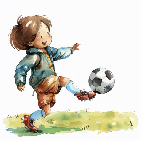 Illustration of a little girl kicking a soccer ball in the fieldのイラスト素材