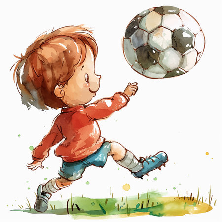 Illustration of a Cute Little Boy Playing with a Soccer Ballのイラスト素材
