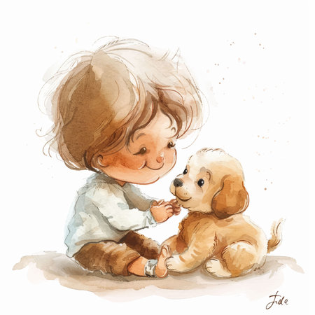 Cute little girl playing with her dog. Watercolor illustration.のイラスト素材
