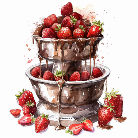 Chocolate cake with strawberries. Watercolor illustration isolated on white backgroundのイラスト素材