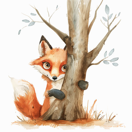 Watercolor illustration of a cute fox in a tree. Vector image.のイラスト素材
