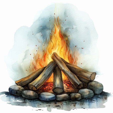 Illustration of a bonfire with firewood on a white backgroundのイラスト素材