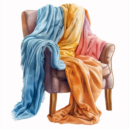 Comfortable armchair with colorful blanket isolated on white background. Watercolor illustrationのイラスト素材
