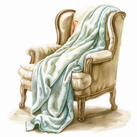 Illustration of a vintage armchair with a blanket and pillow.のイラスト素材