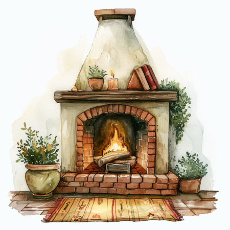 Watercolor illustration of a fireplace in the garden. Hand drawn illustrationのイラスト素材