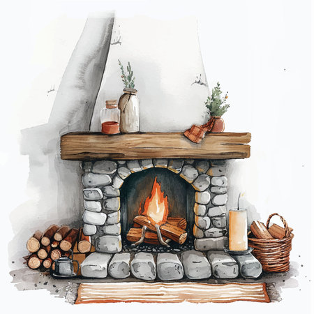 Watercolor illustration of a cozy fireplace in a country house. Cozy home.のイラスト素材