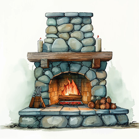 Hand drawn vector illustration of a stone fireplace. Watercolor style.のイラスト素材
