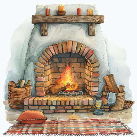 Hand drawn vector illustration of a fireplace in the style of watercolor.のイラスト素材