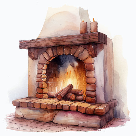 Fireplace with burning firewood. Watercolor hand drawn illustration.のイラスト素材