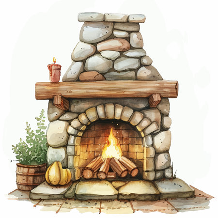 Illustration of a stone fireplace and a stack of firewood.のイラスト素材