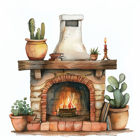 Hand drawn watercolor illustration of a cozy fireplace with cactusesのイラスト素材