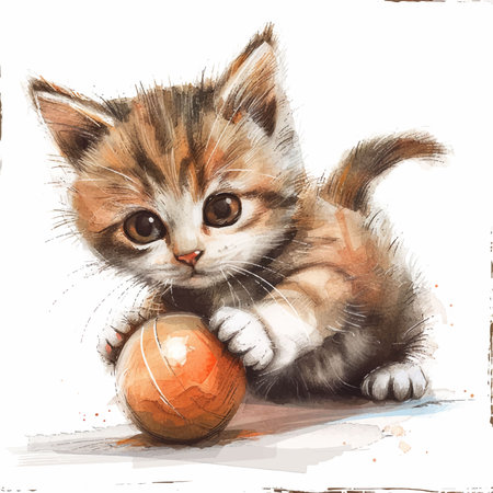 Cute little kitten playing with a ball. Watercolor illustration.のイラスト素材