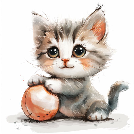 Cute kitten playing with an orange Easter egg. Vector illustration.のイラスト素材