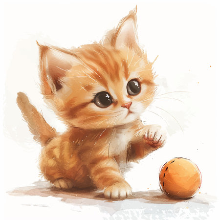 Illustration of a cute little kitten playing with an orange ball.のイラスト素材