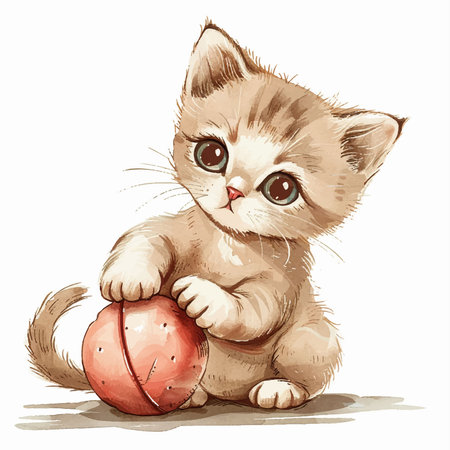 Cute little kitten playing with a toy ball. Vector illustration.のイラスト素材