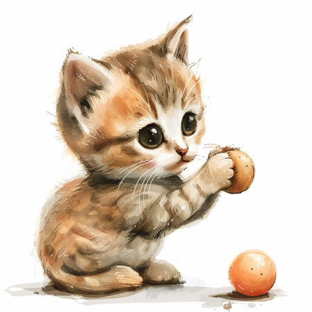 Cute little kitten playing with tangerine. Vector illustration.のイラスト素材