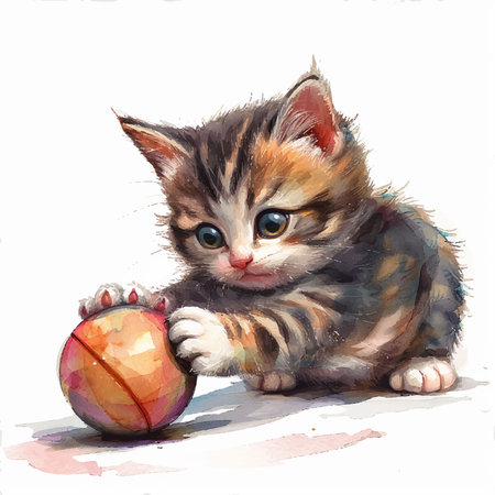 Cute little kitten playing with a ball, digital watercolor paintingのイラスト素材