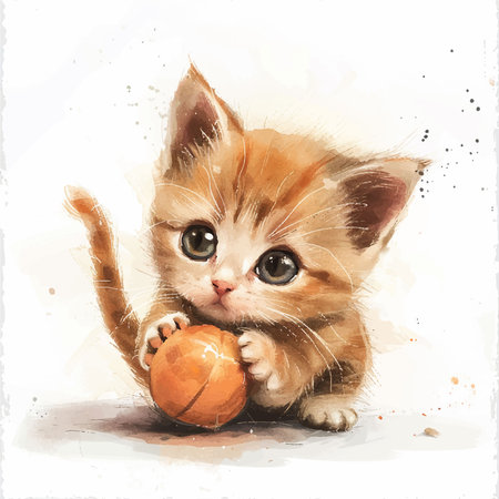 Cute little kitten playing with a ball. Watercolor illustration.のイラスト素材