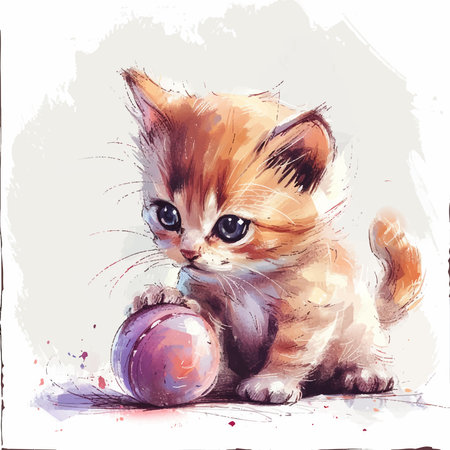 Cute little kitten playing with ball. Hand drawn vector illustration.のイラスト素材