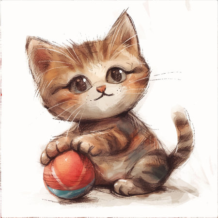 Cute little kitten with a ball. Hand-drawn illustration.のイラスト素材