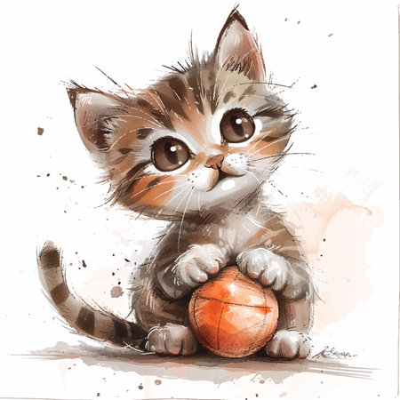 Cute little kitten sitting with a basketball in its paws. Vector illustration.のイラスト素材