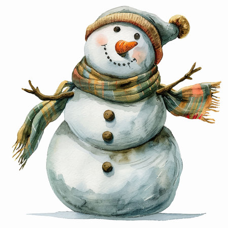 Watercolor snowman with scarf and hat isolated on white background.のイラスト素材